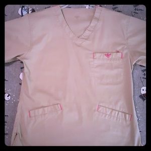 Tan and pink Med couture scrub top great condition